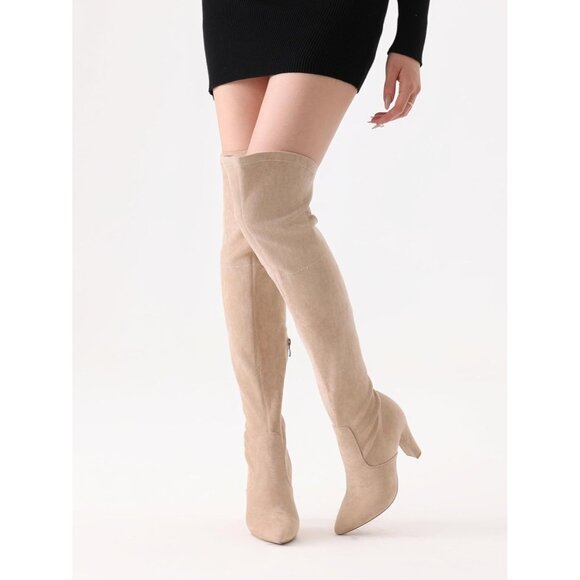 ⚡Women's Nude Stretch Suede Chunky Heel Over The Knee Boots Thigh High - Picture 2 of 6